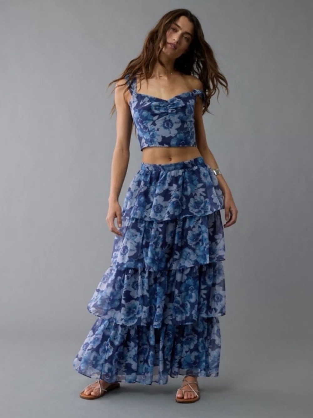 American Eagle Outfitters Blue Floral Maxi Skirt M